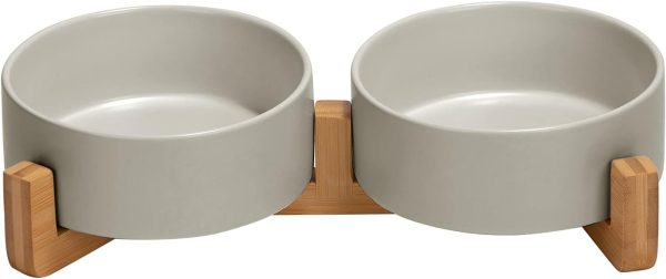 Ceramic Dog and Cat Bowl with Wood Stand Non-Slip Matte Glaze Weighted Food Water Set for Cats &Small Dogs 13.5OZ