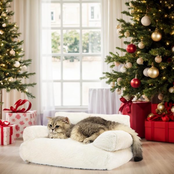 Dog Couch, Washable Cat Couch for Indoor, Calming Cat Couch Pet Sofa Bed Puppy Sleeping Bed with Pillow, Fluffy Cat Bed for Small Cats & Dogs (Large, Beige) - Image 2