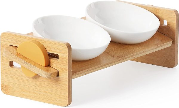 Elevated Cat Ceramic Bowls, Small Dog 15° Tilted Raised Food Feeding Dishes, Solid Bamboo Water Stand Feeder Set for Cats and Puppy