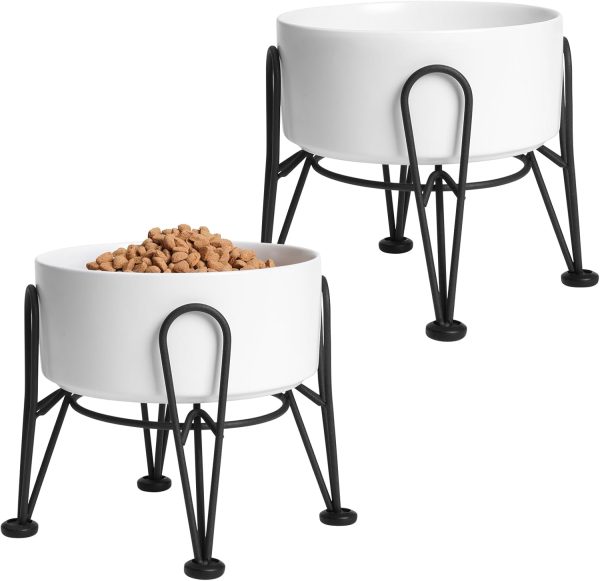 Elevated Dog Bowls, Ceramic Raised Dog Bowl Set with Anti-Slip and Non-Tip Metal Stand, 2 Pack Pet Food and Water Feeding Bowls for Small and Medium Dogs (White,3.5 Cups)