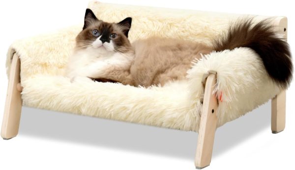Cat Couch Bed, Pet Sofa for Indoor Cats Wooden Indoor Elevated Cat Beds with Removable Mattress Cover Suitable for Kitty, Puppy or Small Animal (Beige, Medium)