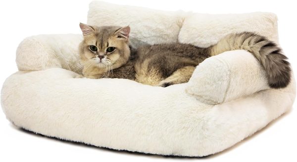 Dog Couch, Washable Cat Couch for Indoor, Calming Cat Couch Pet Sofa Bed Puppy Sleeping Bed with Pillow, Fluffy Cat Bed for Small Cats & Dogs (Large, Beige)