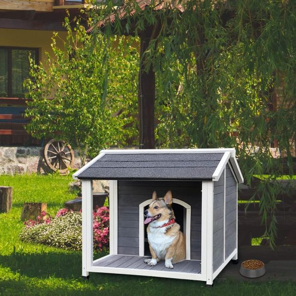 Outdoor Wooden Dog House,Waterproof Kennel with Deck and Sloped Roof,High Stability Pet Dog Cage for Small/Medium Puppy,Easy to Assemble Moisture-Proof and Breathable Pet Shelter,Gray