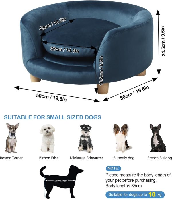 Dog Sofas and Chairs/Dog Beds with Soft Velvet Fabric/Durable Pet Sofa Bed/Wooden Frame Cat Bed/Dog Couch with Washable Comfortable Cushion for Small Dog Rest Using (Blue) - Image 2