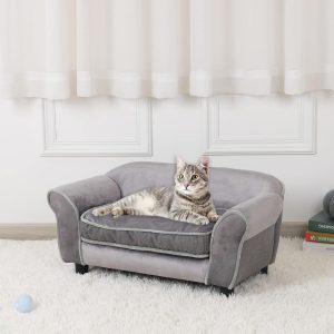 Small Dog Sofa Bed, Velvet Cat Couch,Pet Sofa with Washable Cushion & Plastic Legs (29 x 16 x 12.7 inches (Gray)