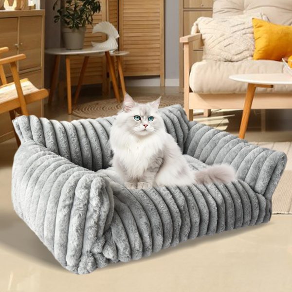 Cat Couch Bed for Pets, Washable Small Dog & Cat Beds for Indoor Cats, Soft Corduroy Plush, Fluffy Cute Cat Sofa Bed with Removable Cover, Cat Chair for Small Dog & Cat, 24inch, Grey