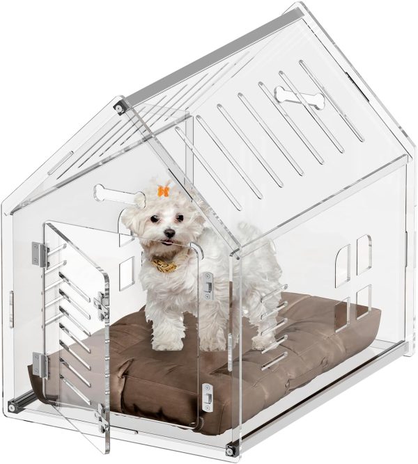 Acrylic Dog House - Clear Indoor Dog House with Door, 24" L x 18" W x 23" H Modern Dog House Crate Lockable Ventilated for Most Small Dogs Cats Pets