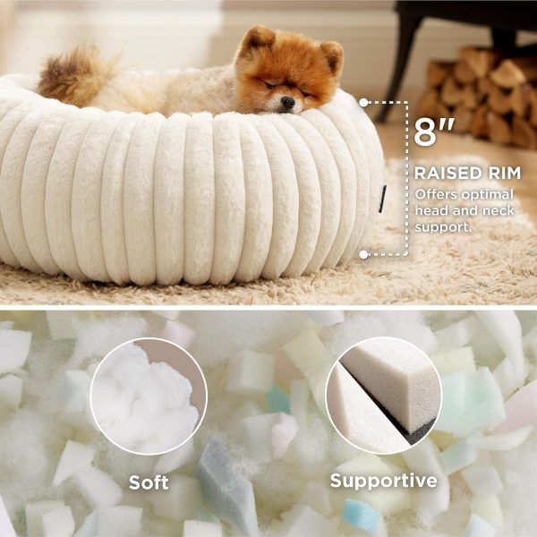 Donut Small Dog Bed - Dog Beds for Small Dogs with Corduroy Fleece & Anti Slip Bottom, Round Faux Fur Pet Beds with Washable Removable Cover, Cream, 23x23x8 inches - Image 2