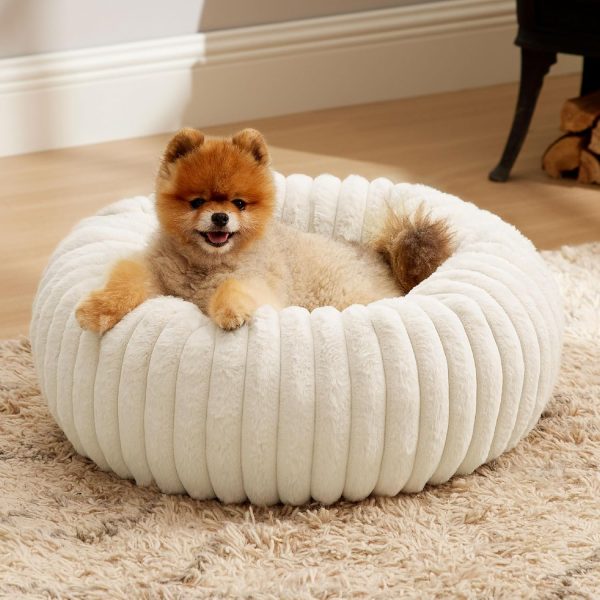 Donut Small Dog Bed - Dog Beds for Small Dogs with Corduroy Fleece & Anti Slip Bottom, Round Faux Fur Pet Beds with Washable Removable Cover, Cream, 23x23x8 inches