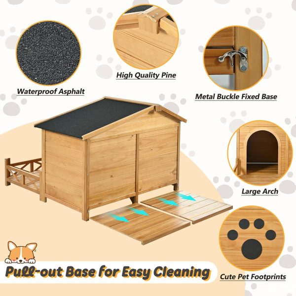 48" Wooden Dog House,Dog Kennel with Wide Porch,Water-Resistant Asphalt Roof and Fence,Indoor & Outdoor Dog Crate W/Paw Print Design,Easy Assembly & Cleaning,for Medium Dogs,l - Image 2