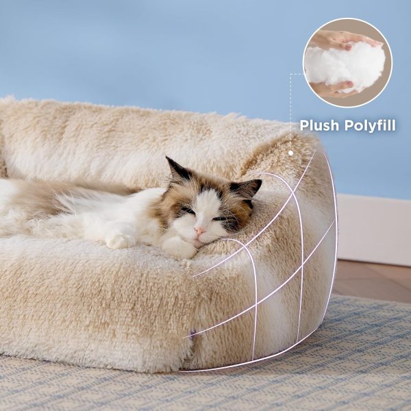 Cute Cat Couch Bed - Furry Indoor Cat Sofa Large, Washable Calming Small Dog Beds for Puppy with Fashion Design, 26x21x9inches, Beige Stripe - Image 2