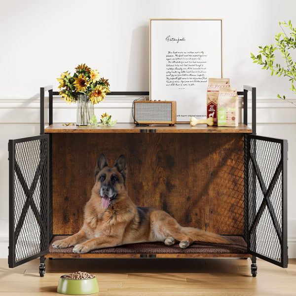 41 Inch Dog Crate Furniture, Heavy Duty Dog Kennel Table with 360° Swivel Wheels, Double Doors, 4 Latches, Vintage Farmhouse Dog House End Table for Large, Medium and Small Dogs, Brown