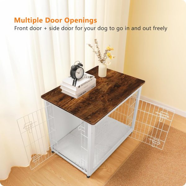 Dog Crate Furniture with Cushion, Wooden Kennel Table with Double Doors, Indoor Dog House, Medium Size, 32.5" L, White+Rustic Brown - Image 2