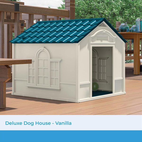 Deluxe Dog House for Dogs up to 100 Pounds with Removable Roof, Vents, Crowned Channeled Floor, and Personalization Labels, Taupe/Blue - Image 2