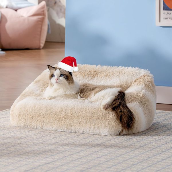 Cute Cat Couch Bed - Furry Indoor Cat Sofa Large, Washable Calming Small Dog Beds for Puppy with Fashion Design, 26x21x9inches, Beige Stripe