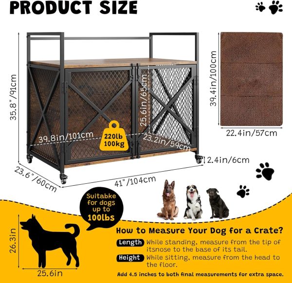 41 Inch Dog Crate Furniture, Heavy Duty Dog Kennel Table with 360° Swivel Wheels, Double Doors, 4 Latches, Vintage Farmhouse Dog House End Table for Large, Medium and Small Dogs, Brown - Image 2