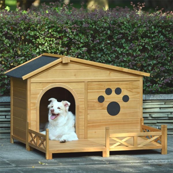 48" Wooden Dog House,Dog Kennel with Wide Porch,Water-Resistant Asphalt Roof and Fence,Indoor & Outdoor Dog Crate W/Paw Print Design,Easy Assembly & Cleaning,for Medium Dogs,l